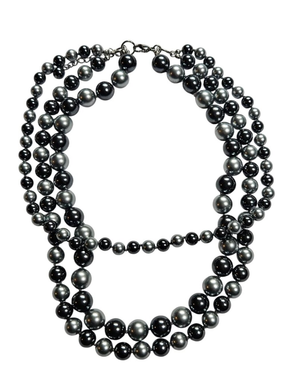 Chunky Glass Faux Pearl Beaded Necklace 3 Strands 2 Tone Blue Grey 18-20 inches